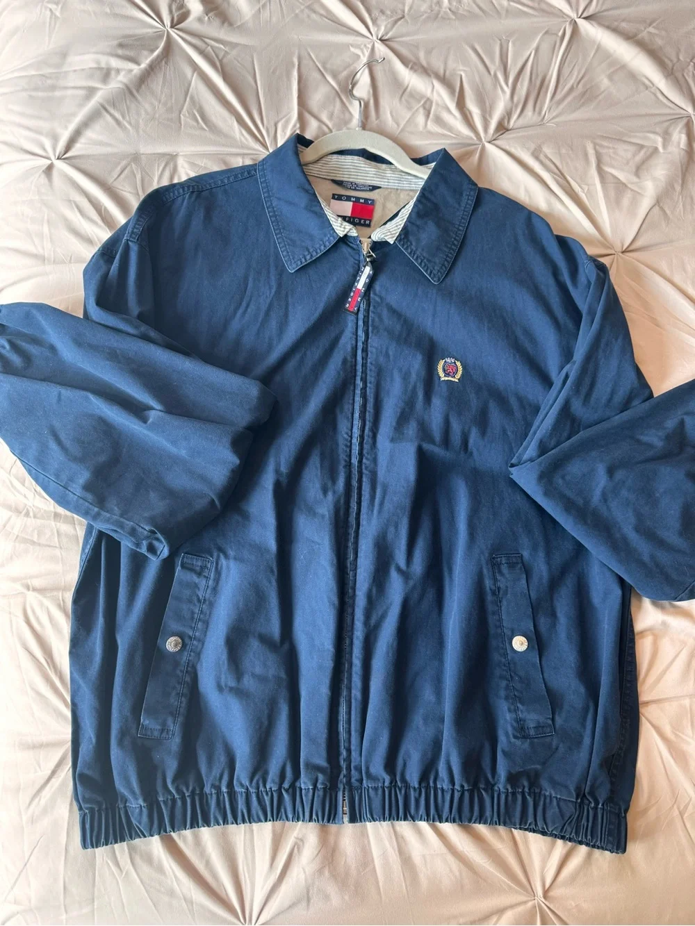 🔥 Vintage 90s Y2K Tommy Hilfiger Navy Lion Crest Zip Harrington Jacket Men’s XL